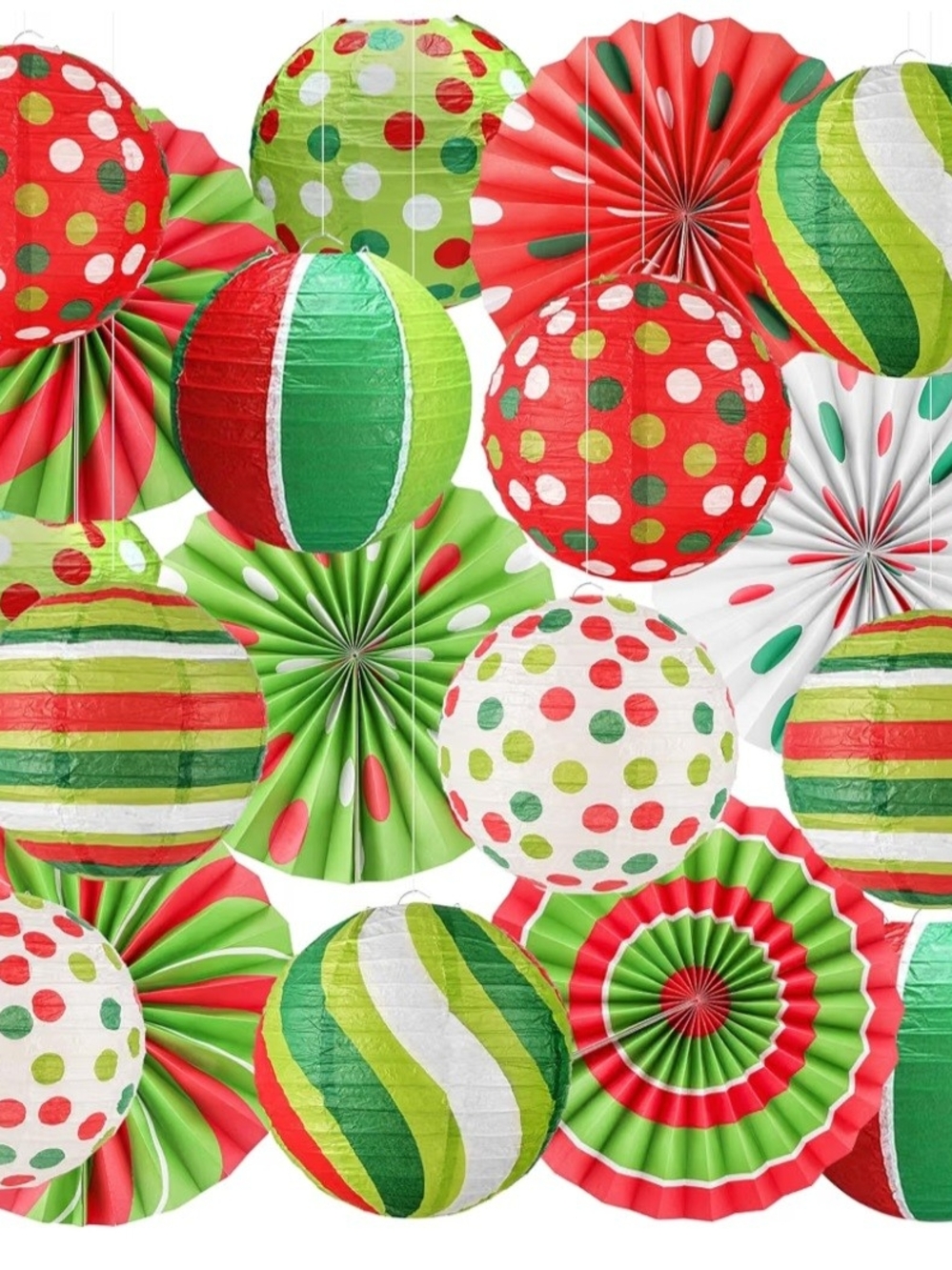 Festive Red & Green Paper Lantern and Fan Party Decorations. 18 Pieces. NWT.